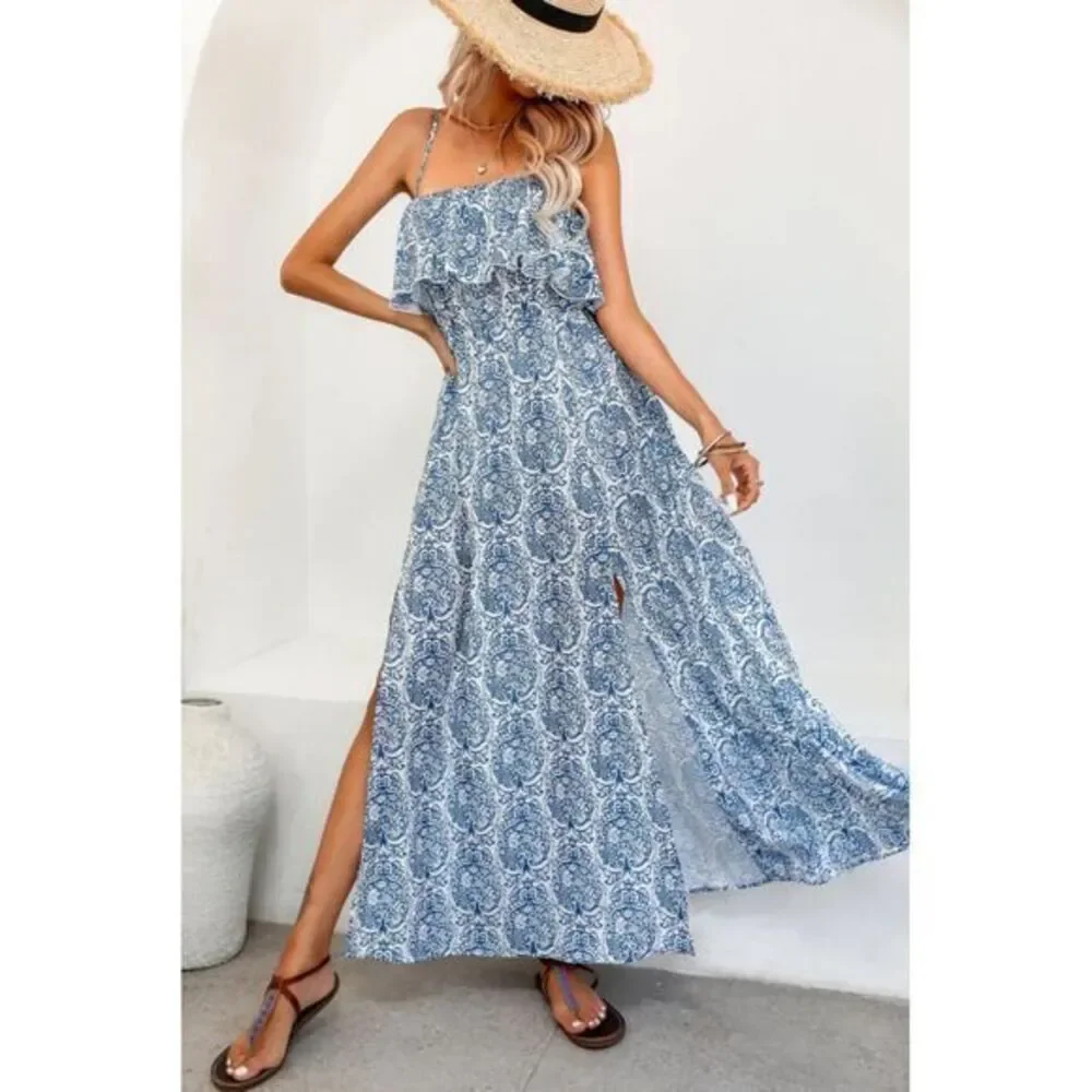 Cupshe Boho‎ Paisley Blue white Reffle Overlay Maxi Dress Size Small