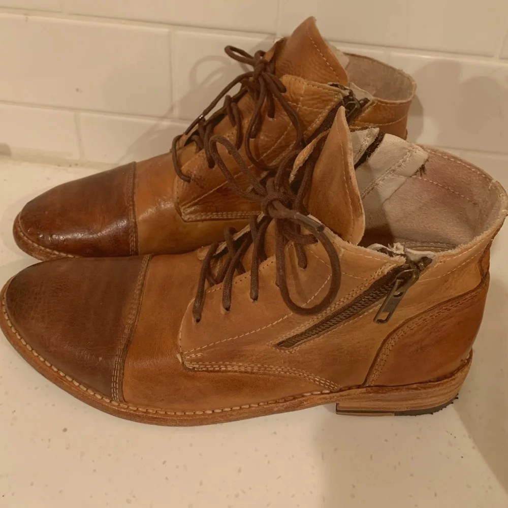 Bed Stu Two-Tone Brown Leather Lace-Up Ankle Boots