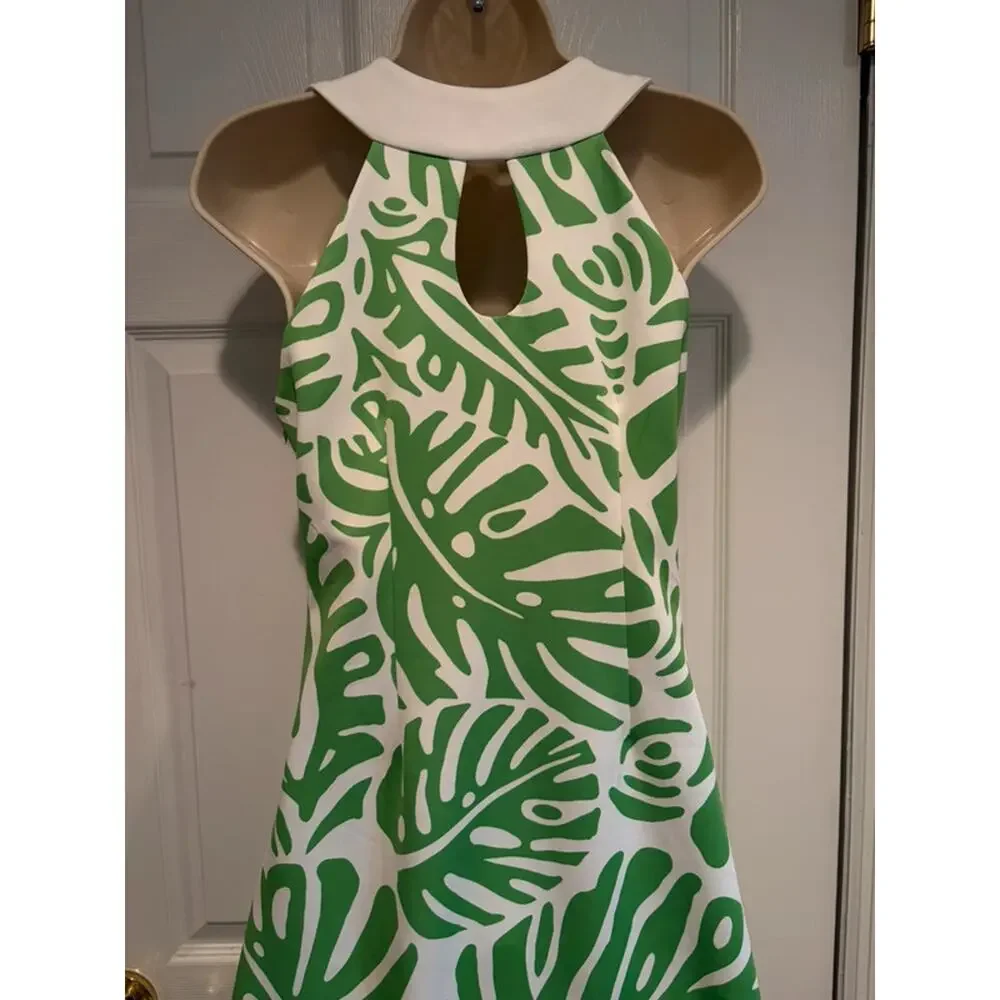 CK‎ Bradley Green Palm Print Halter Dress Size S Tropical Resort Keyhole Coastal