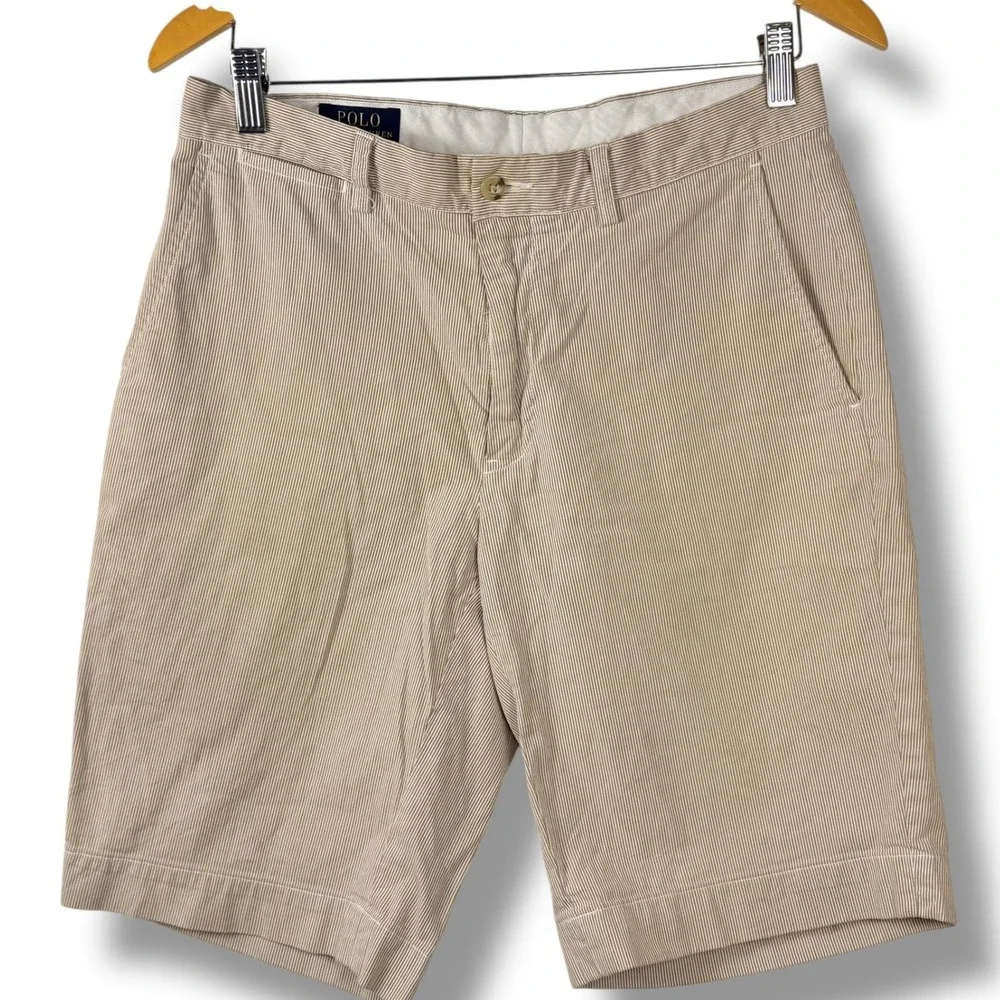 Polo Ralph Lauren Shorts Mens 31 Tan White Stripe Golf Cotton Preppy Classic 10