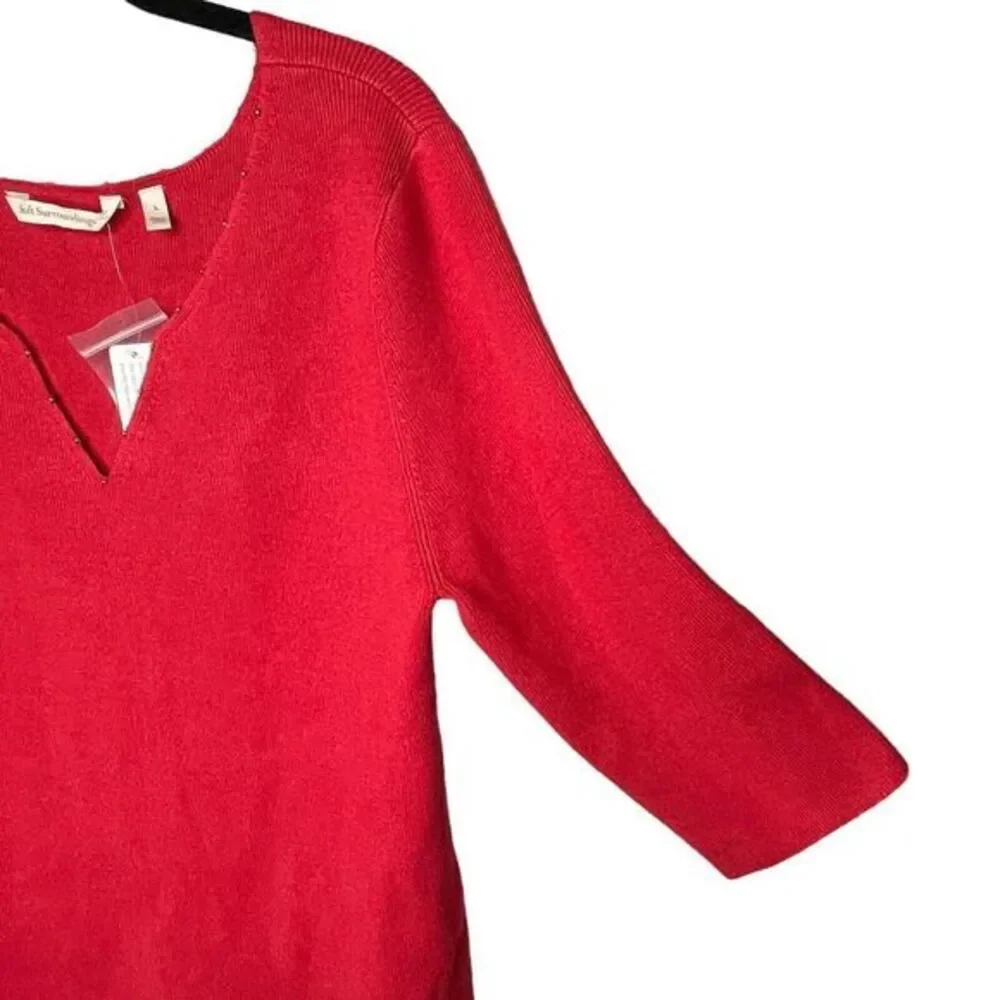 Soft Surroundings Red Knit Sweater Women's Large Embellished V-Neck‎ 3/4 Sleeve
