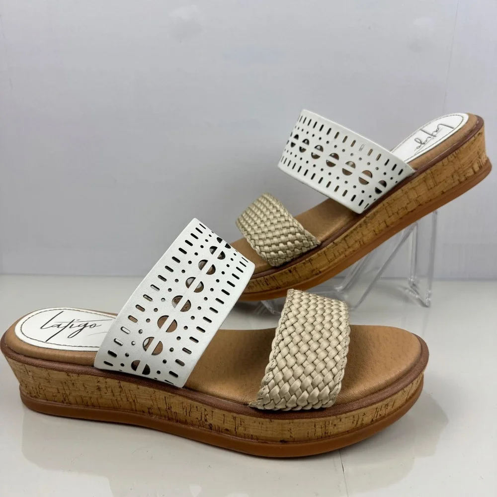 Latigo Kate White Wedge Slide Sandals Women Size 8‎ Cork Wedge Laser Cut