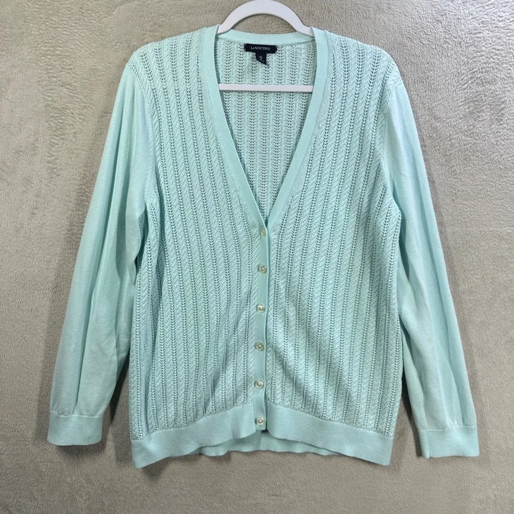 Lands End Women's XL Cardigan Sweater Mint Green‎ Pointelle Open Knit Cotton