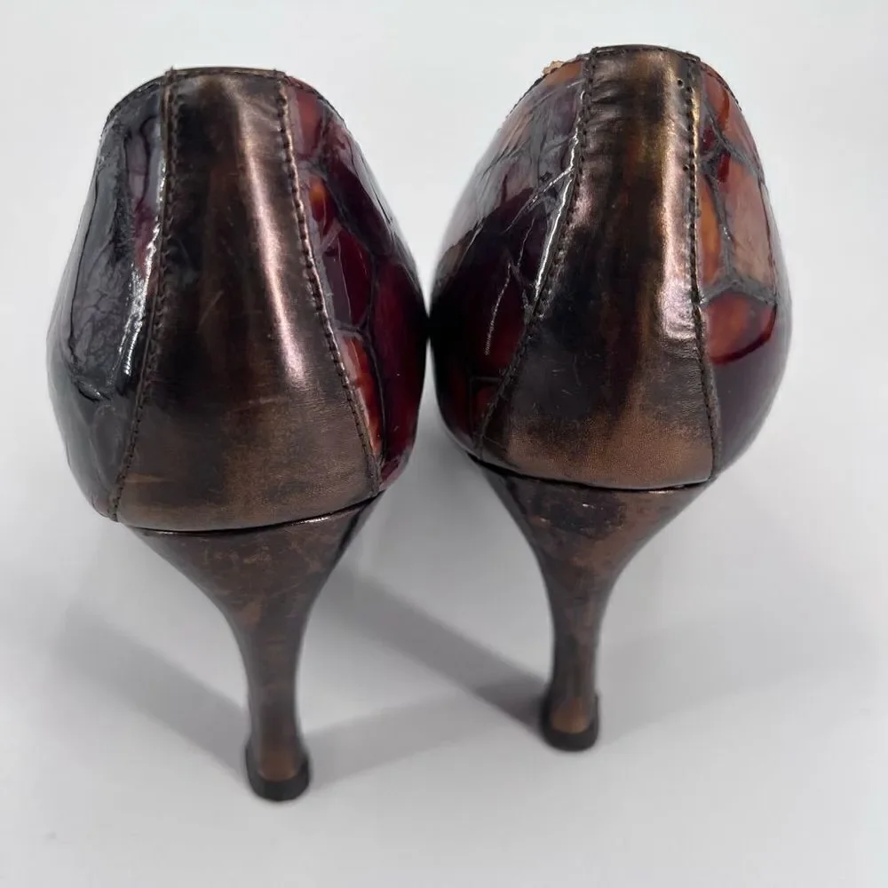 Donald J Pliner tortoise peep‎ toe pumps size 6.5 patent patchwork