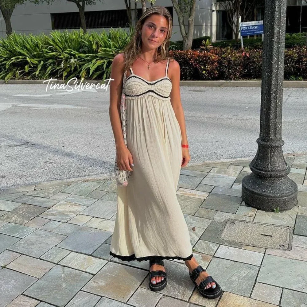 Zara Combination Knit Maxi Dress Ecru Black Sz M NWT
