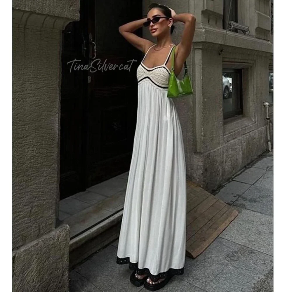 Zara Combination Knit Maxi Dress Ecru Black Sz M NWT