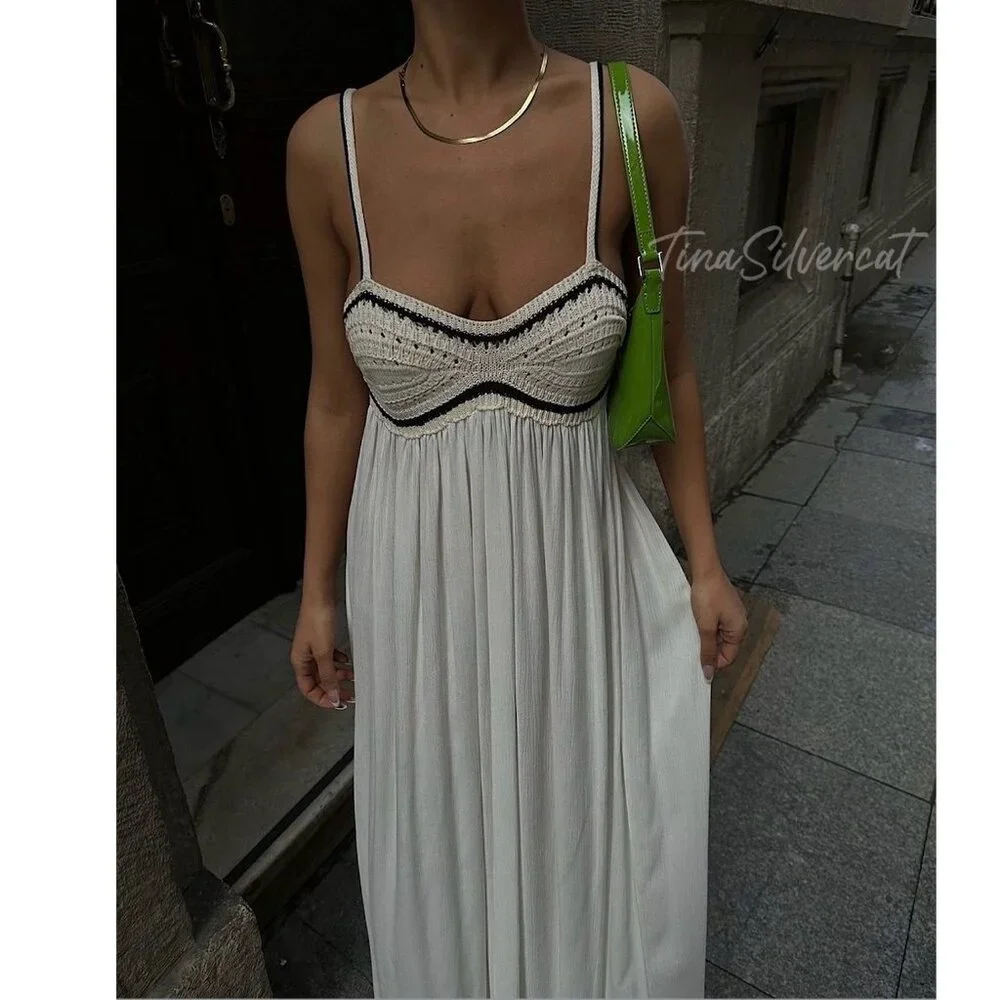Zara Combination Knit Maxi Dress Ecru Black Sz M NWT
