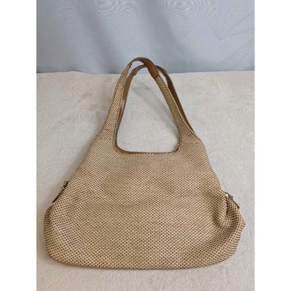 Croft & Barrow Woven Shoulder Bag‎ Tan Brown Leather Trim Everyday Hobo Purse