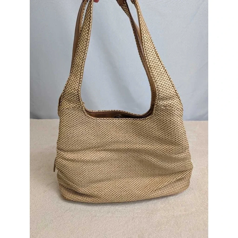 Croft & Barrow Woven Shoulder Bag‎ Tan Brown Leather Trim Everyday Hobo Purse