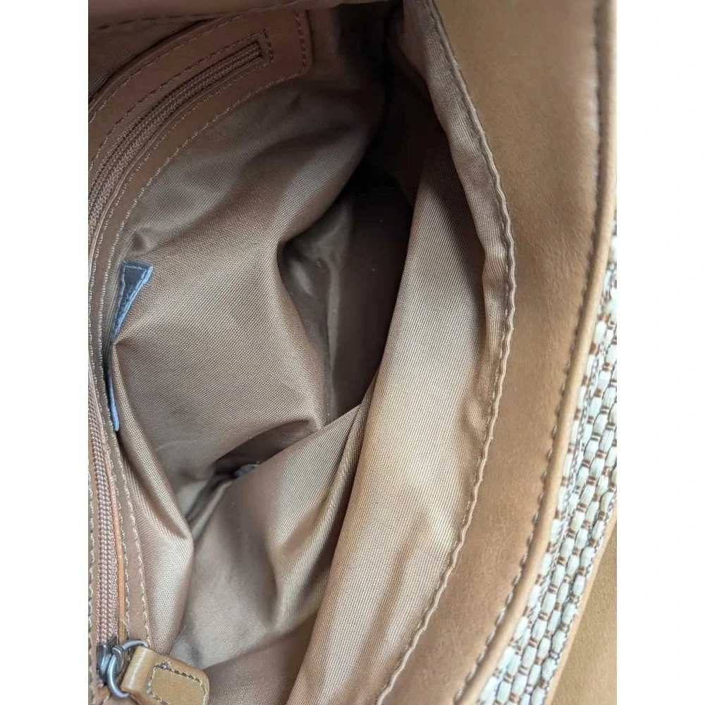 Croft & Barrow Woven Shoulder Bag‎ Tan Brown Leather Trim Everyday Hobo Purse