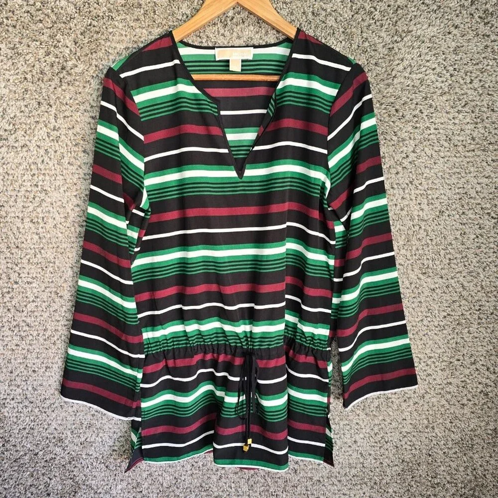 Michael‎ Kors Top Womens Large Black Green Striped V Neck Blouse Semi Sheer
