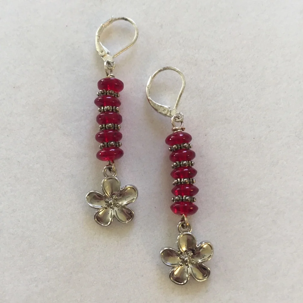 HAND CRAFTED Earrings Red Glass Silver Plated Flowers