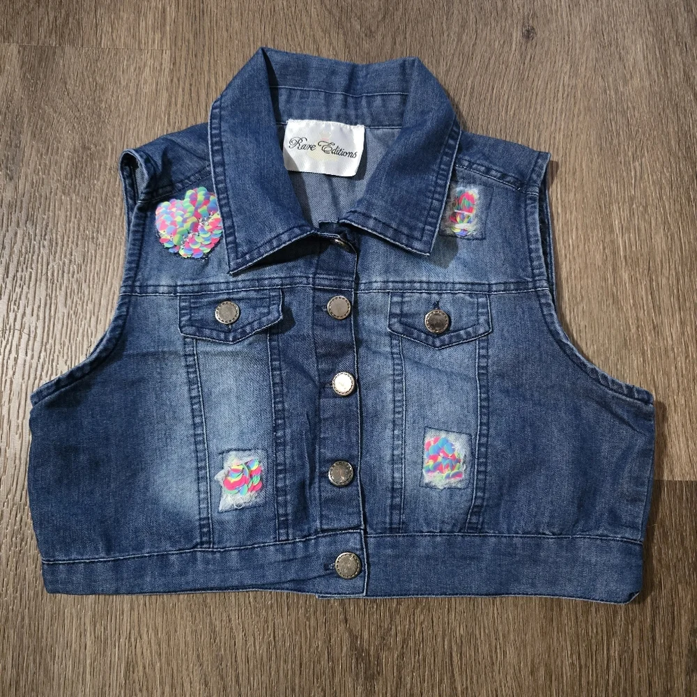 Rare Editions Girl's Distressed Sequin Vest‎ Blue – Size 7 Small