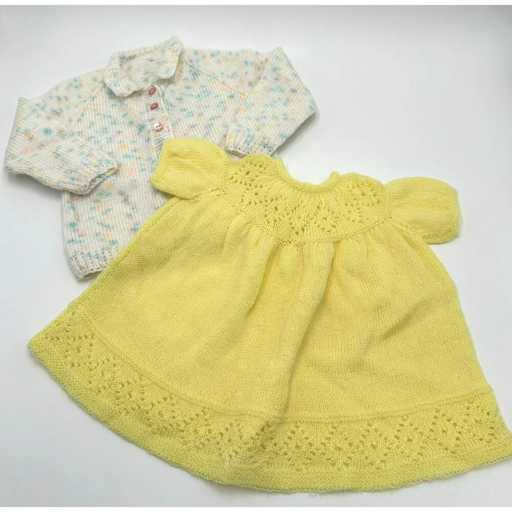Vintage 1970s Handmade Baby Dress & Cardigan Set Yellow Knit Retro Infant