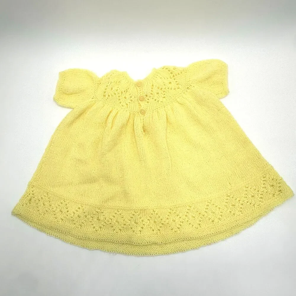 Vintage 1970s Handmade Baby Dress & Cardigan Set Yellow Knit Retro Infant