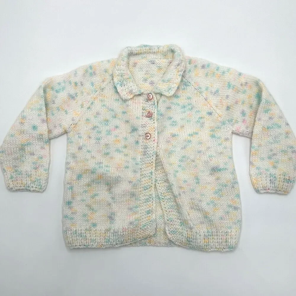Vintage 1970s Handmade Baby Dress & Cardigan Set Yellow Knit Retro Infant