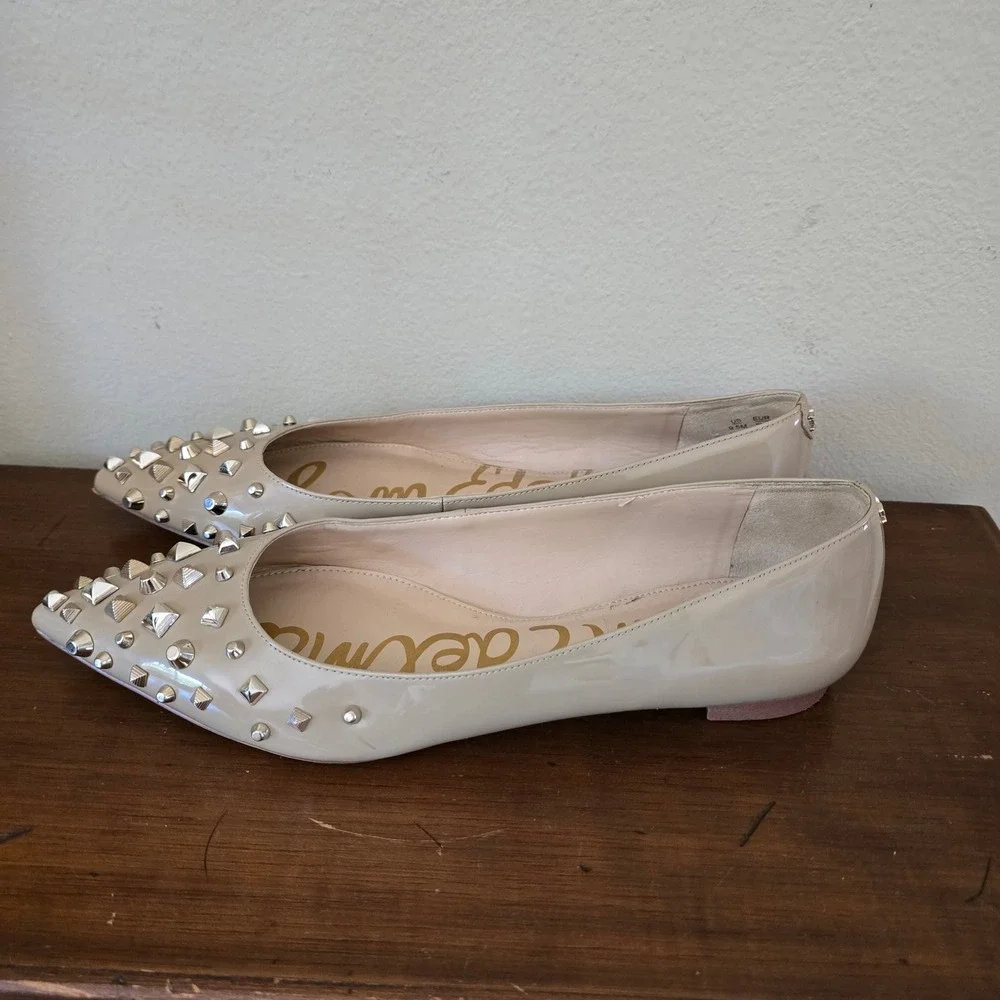 Sam Edelman‎ Savana Beige Patent Studded Pointed Toe Flats Shoes 9.5M