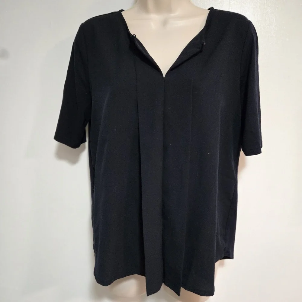Ann Taylor Petite Sz PM True Navy Blue Cotton Blend Keyhole Neck Lightweight Top