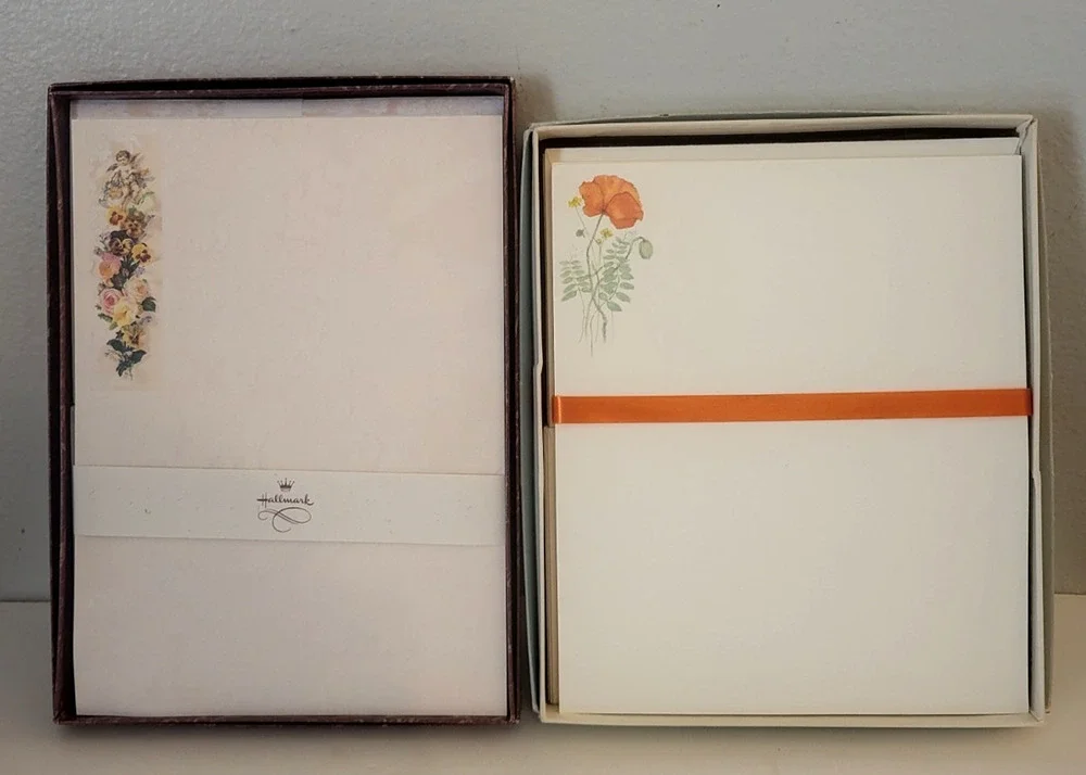 Lot of 2 VTG Hallmark Stationery & Envelopes Sets in box Poppy & Cherub Floral