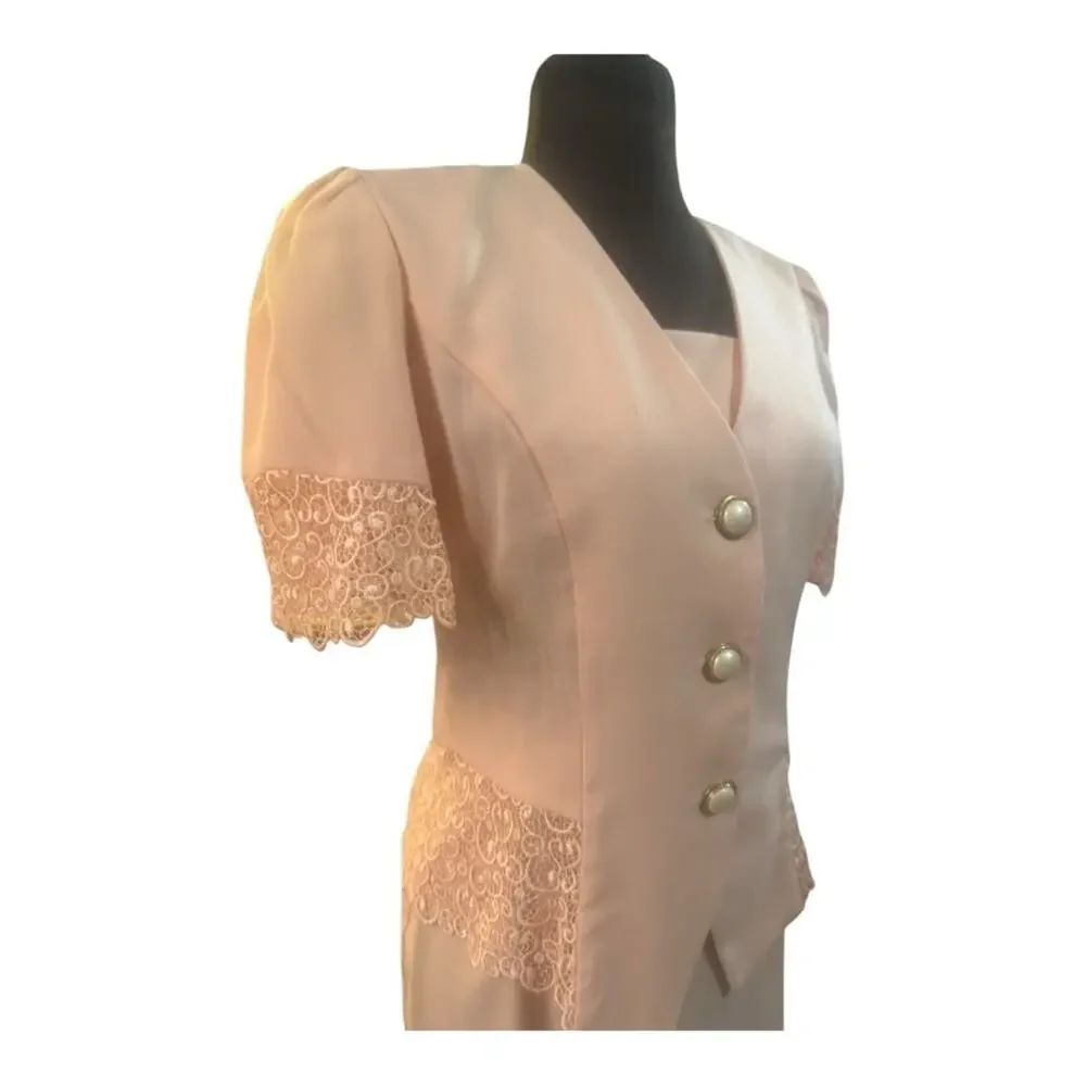 Vtg Blush Pink Lace Trim Skirt Suit Size 8 Short Sleeve Peplum Jacket Romantic