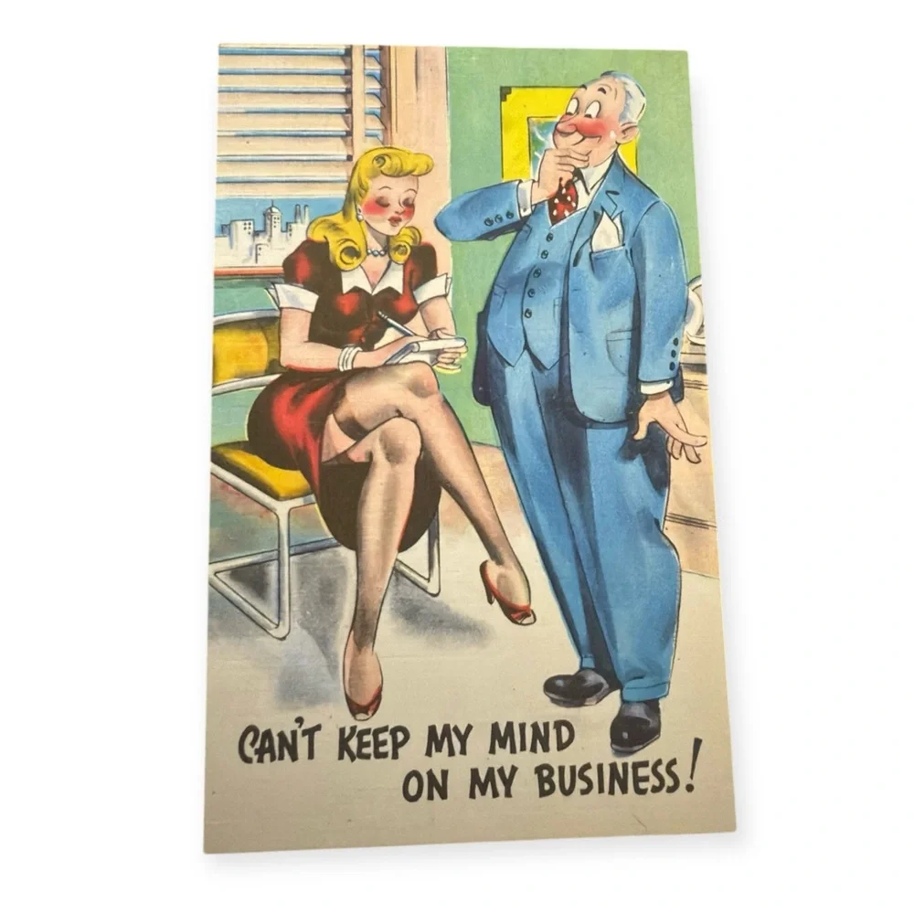Vintage 1940’s Linen Unused Humor Postcard, Female objectification Vintage Humor