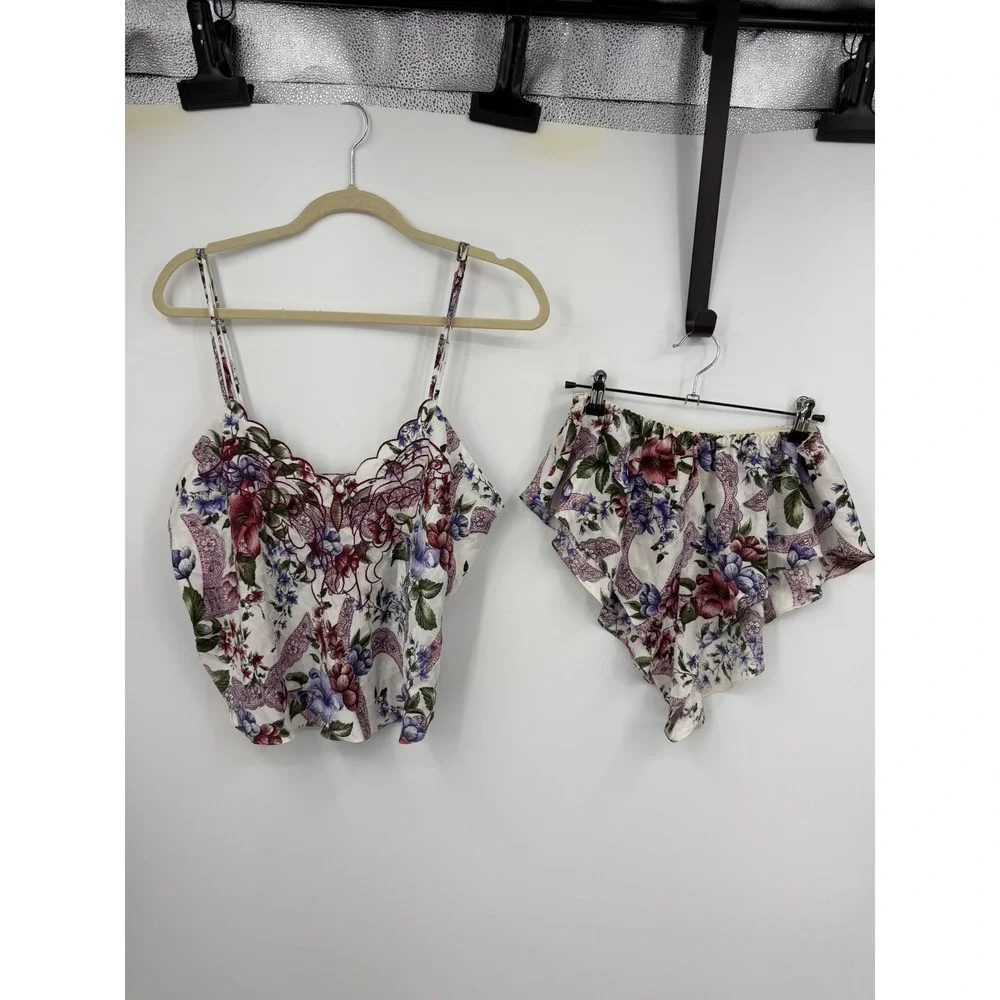 Vtg Victoria's Secret Pajama Set L White Floral Gold Label Camisole‎ Tap Shorts