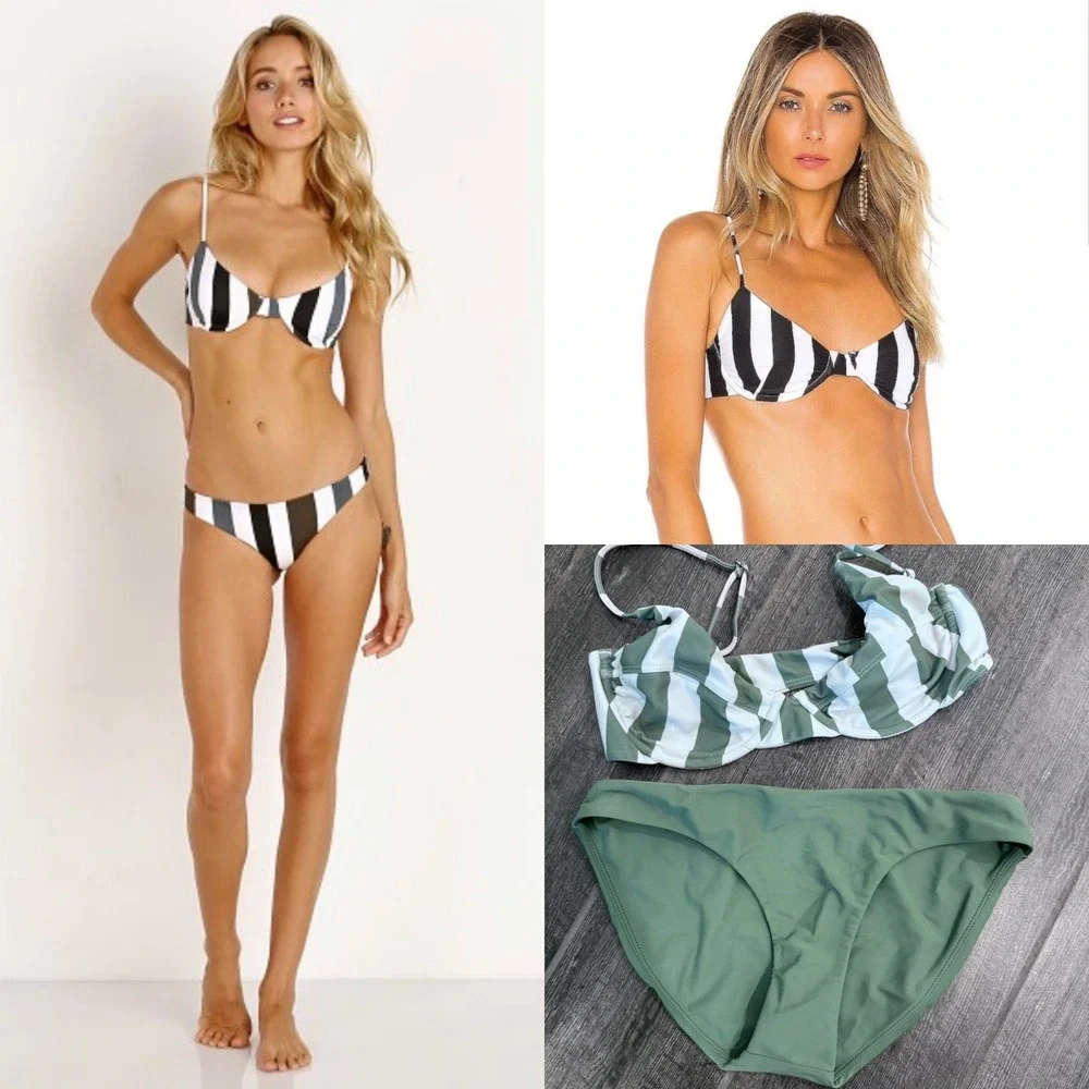 Mikoh Lima Underwire Bikini Top Retro Stripe Olive Green‎ Set Small