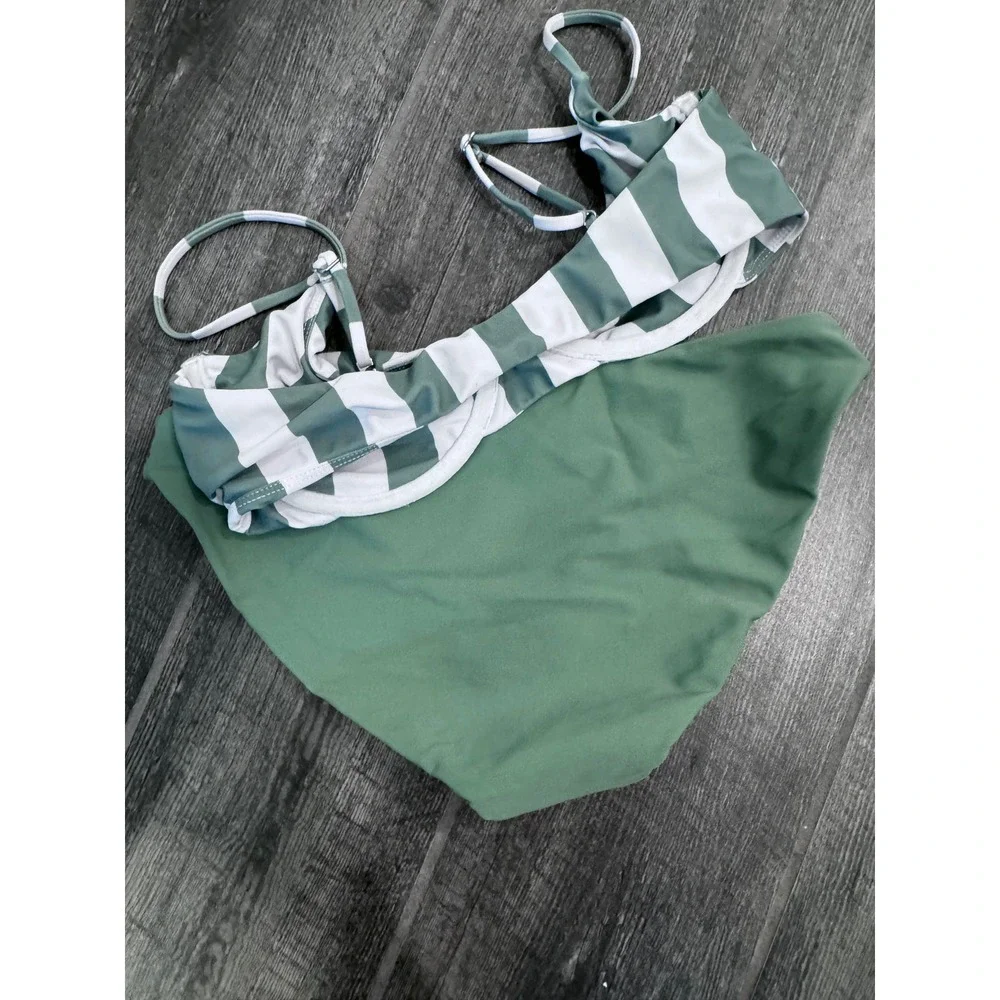 Mikoh Lima Underwire Bikini Top Retro Stripe Olive Green‎ Set Small