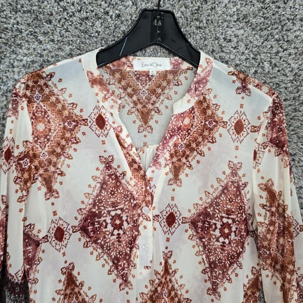 Eden & Olivia Top Womens Medium Pink Mesh Blouse 3/4 Sleeve Popover Ladies‎