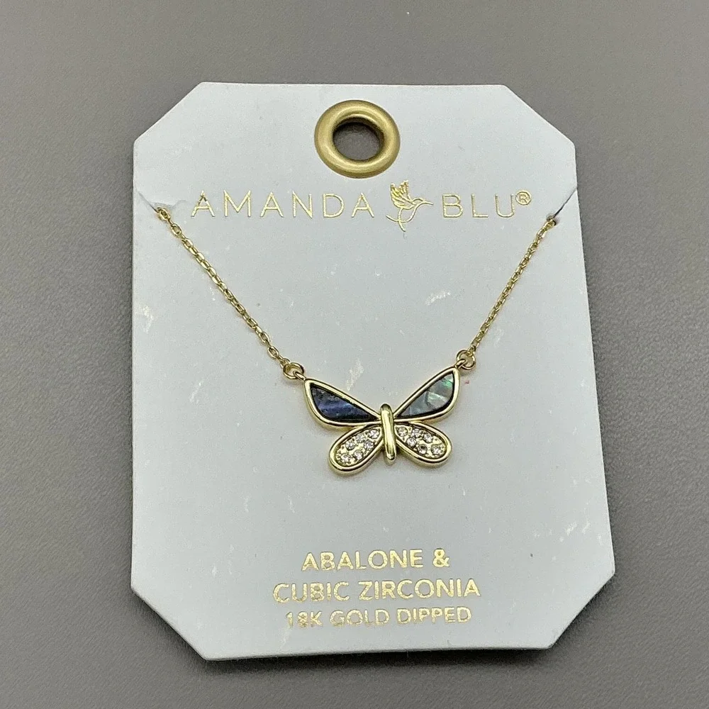 Amanda Blu Necklace Gold Tone Abalone Cubic Zirconia Butterfly‎ Pendant 18