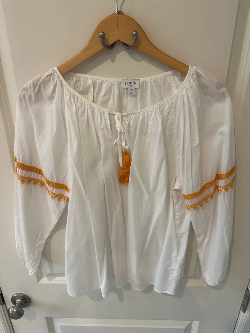 J. Crew White Peasant Top with Mustard Trim