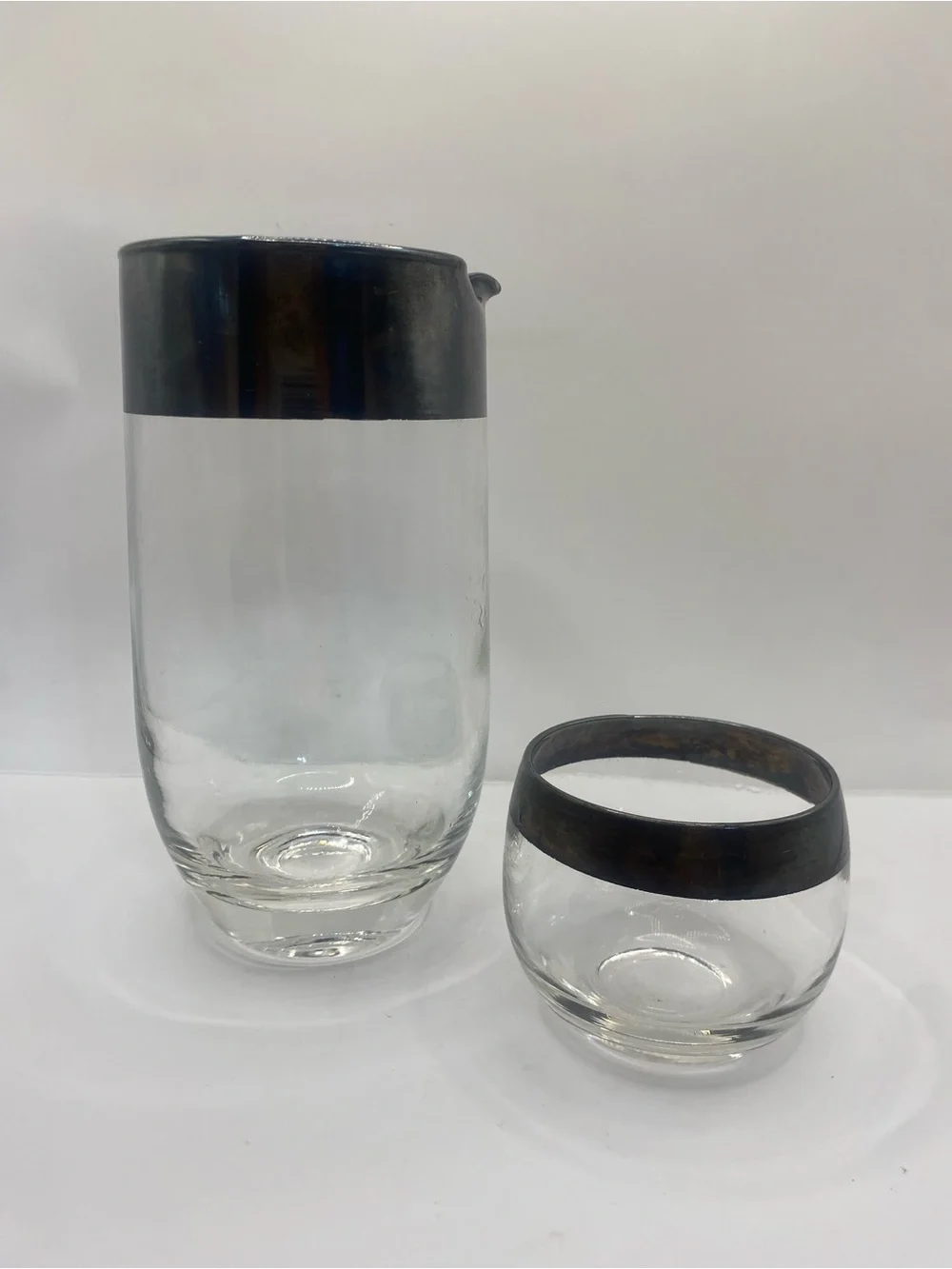 Vintage Dorothy Thorpe Silver Crystal Cocktail Pitcher & Roly Poly Glass