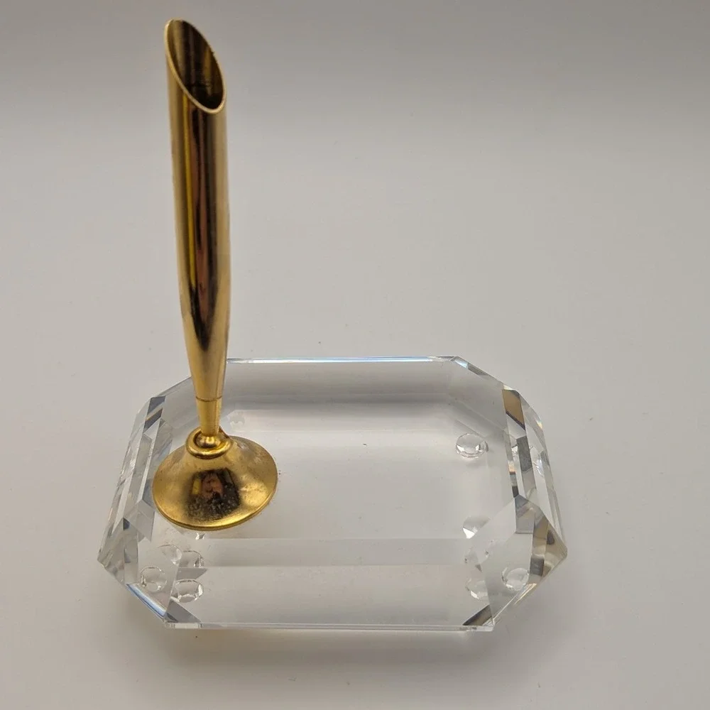 Asfour Crystal Emerald Cut Desk Pen Holder Gold-tone Swivel Base Fits Cross Pens