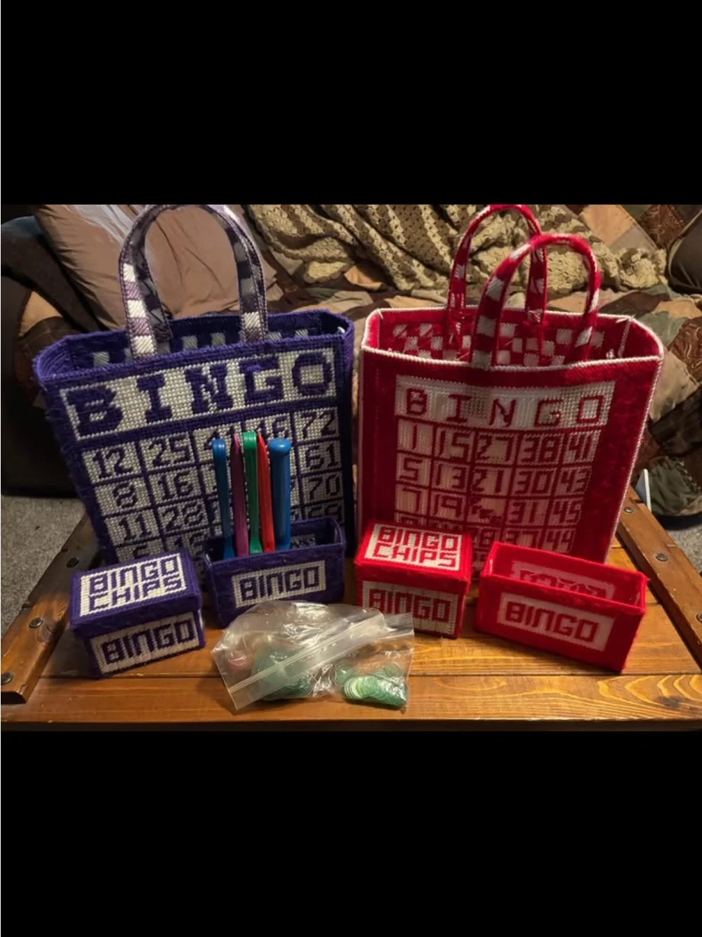 Handmade Bingo Tote & Accessory Set - Red and Purple