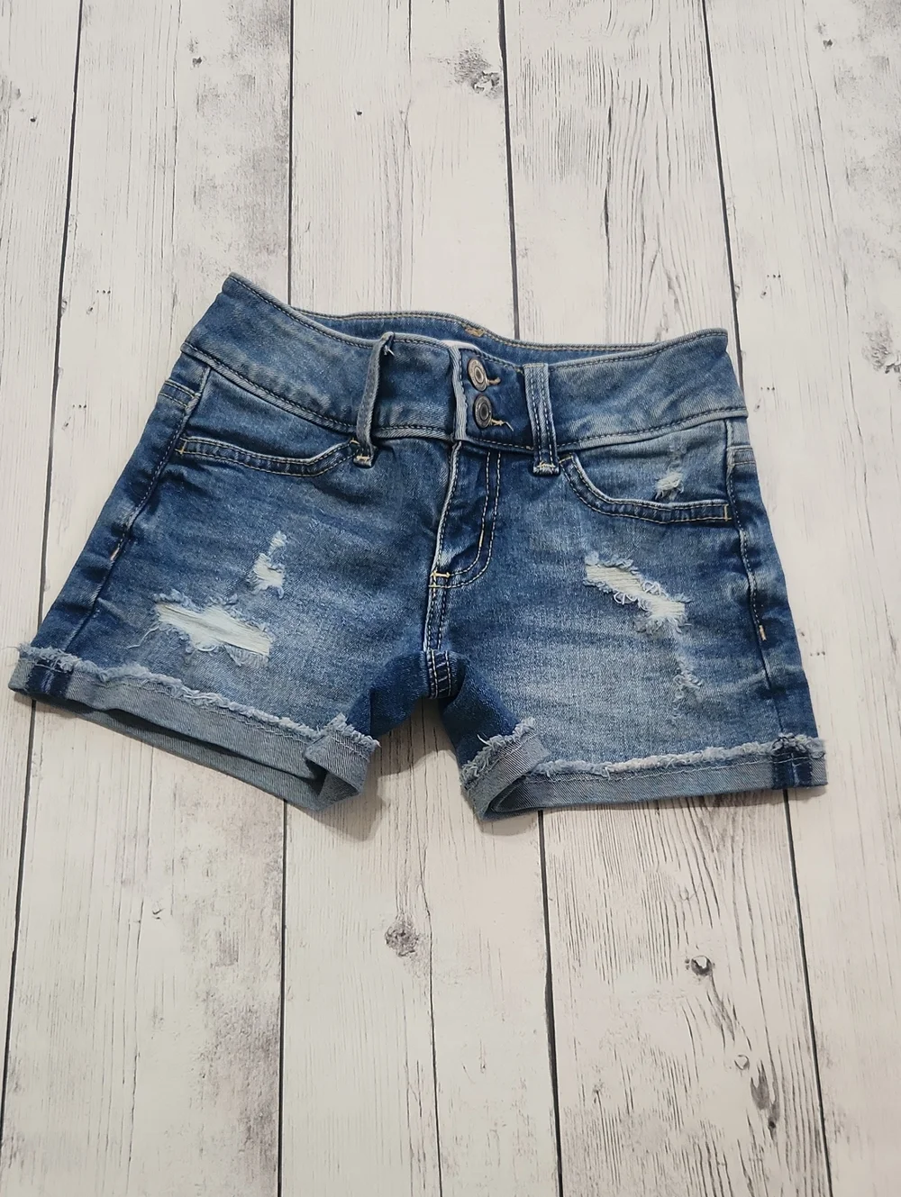 SO girls Size 8 Dark Wash Distressed Jean Shorts With Adjustable Waist