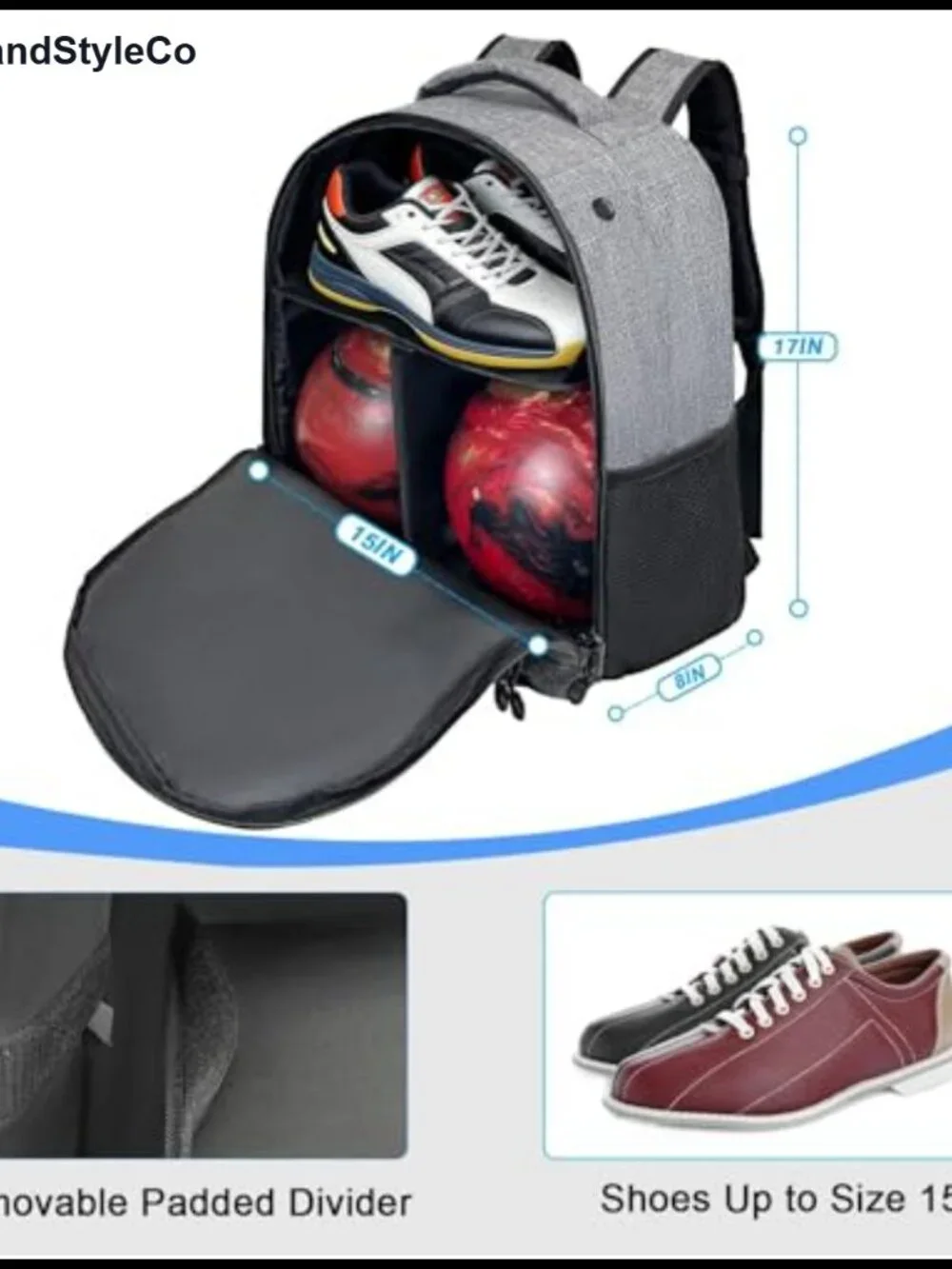 2 Ball Bowling Backpack with Shoes Compartment, Padded Ball Holder & Adjustable