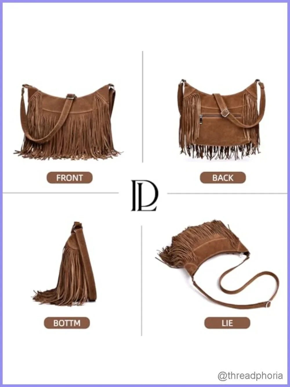 Vegan Suede Fringe Hobo Crossbody Bag with Zipper Pockets