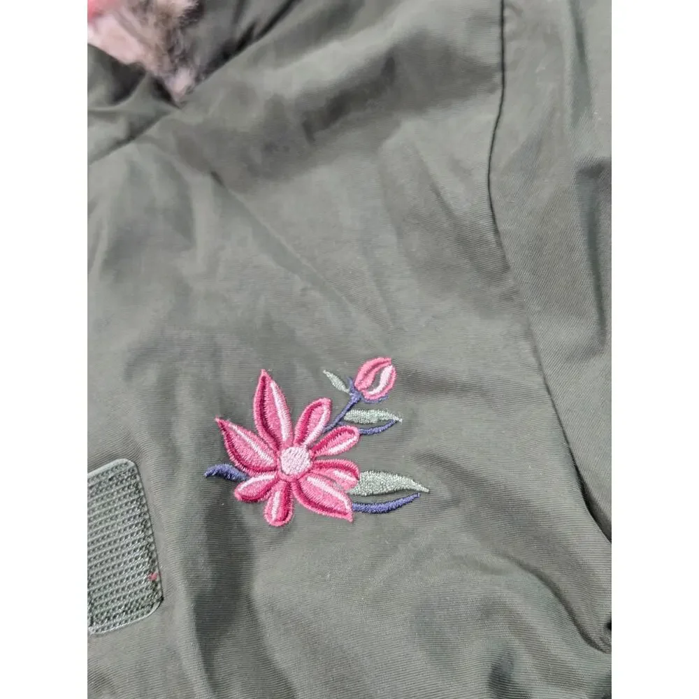 Young Dimension Baby Girls 12-18M Olive Green Parka Coat Faux Fur Floral Sherpa
