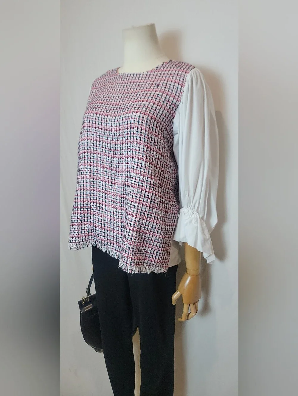 Zara Woman Red Blue White Contrast Tweed blouse, Size Small