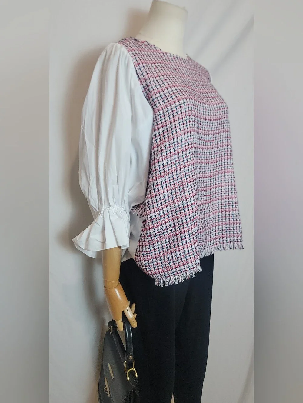 Zara Woman Red Blue White Contrast Tweed blouse, Size Small