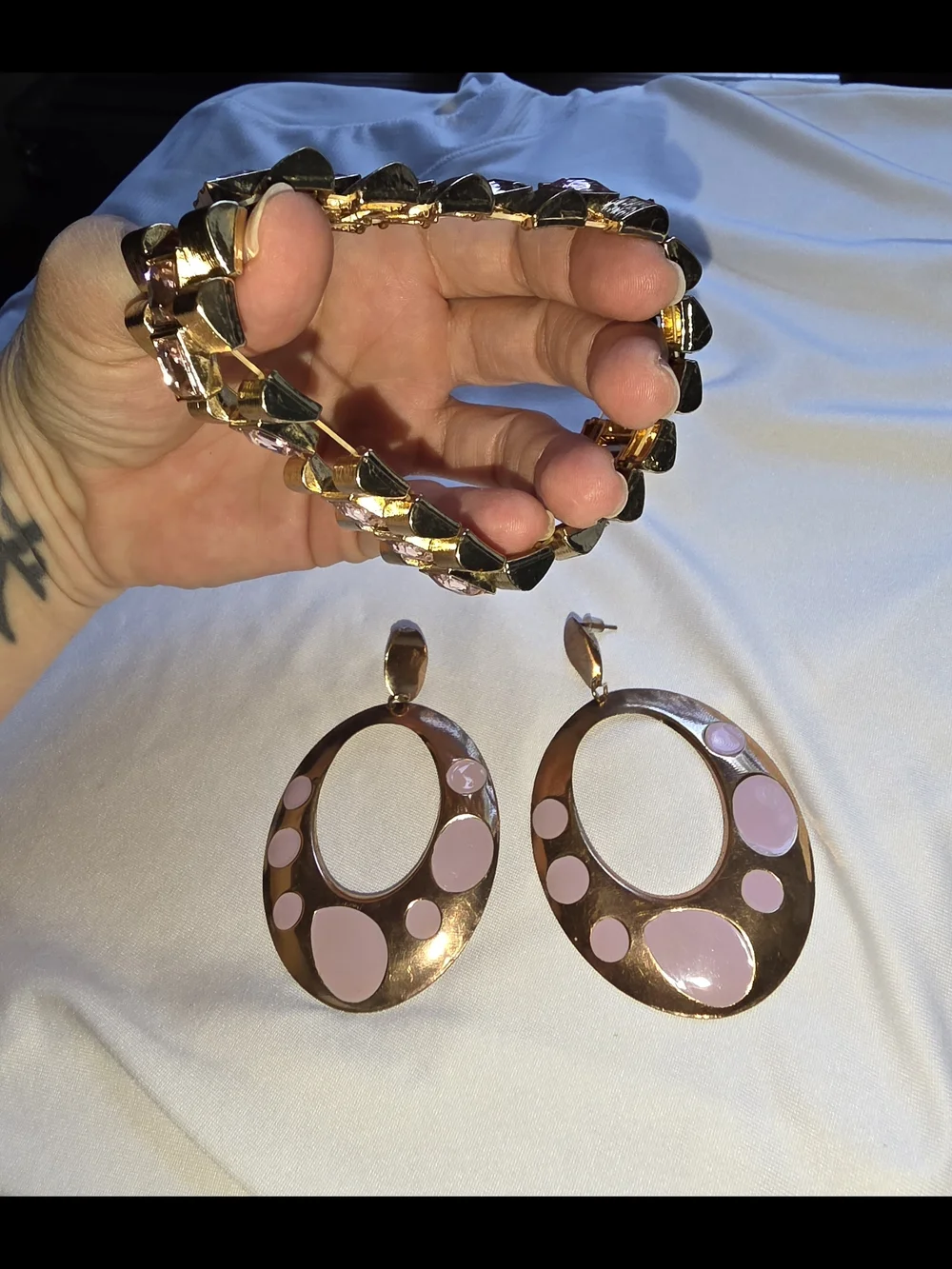Gold-Tone Bracelet with Pink Crystals and Oval Drop Earrings Set