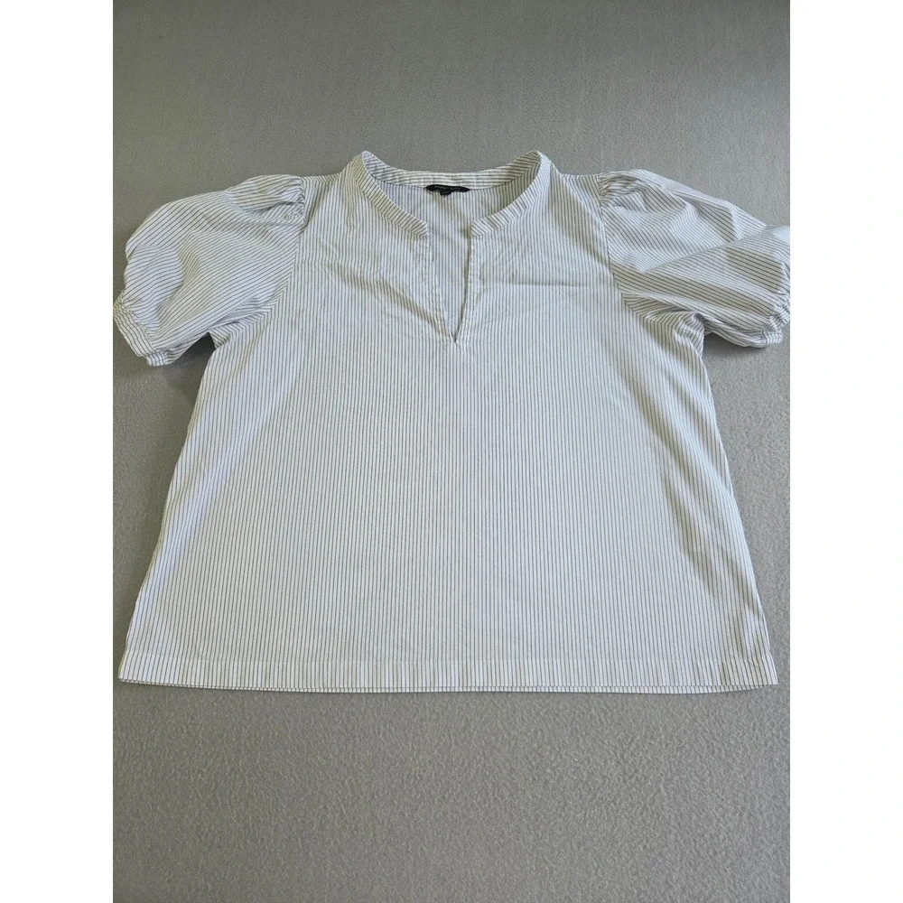 Banana‎ Republic Blouse Women XL White Blue Pinstripe Puff Sleeve Split Neck Top