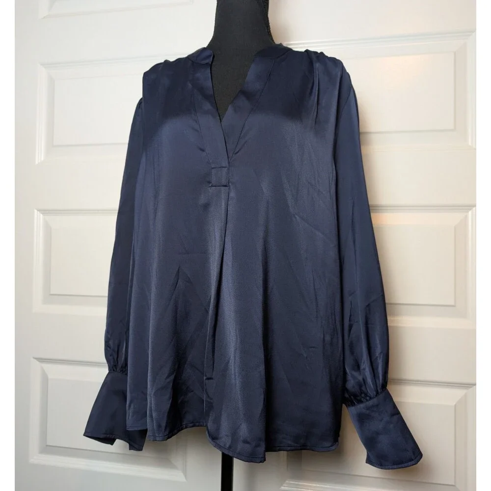 NWT Banana Republic Size XL Blouse Blue Satin Puff Volume Sleeve V-Neck Luxe $70