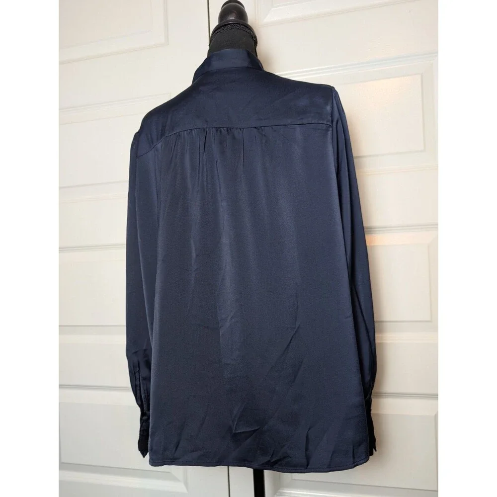NWT Banana Republic Size XL Blouse Blue Satin Puff Volume Sleeve V-Neck Luxe $70