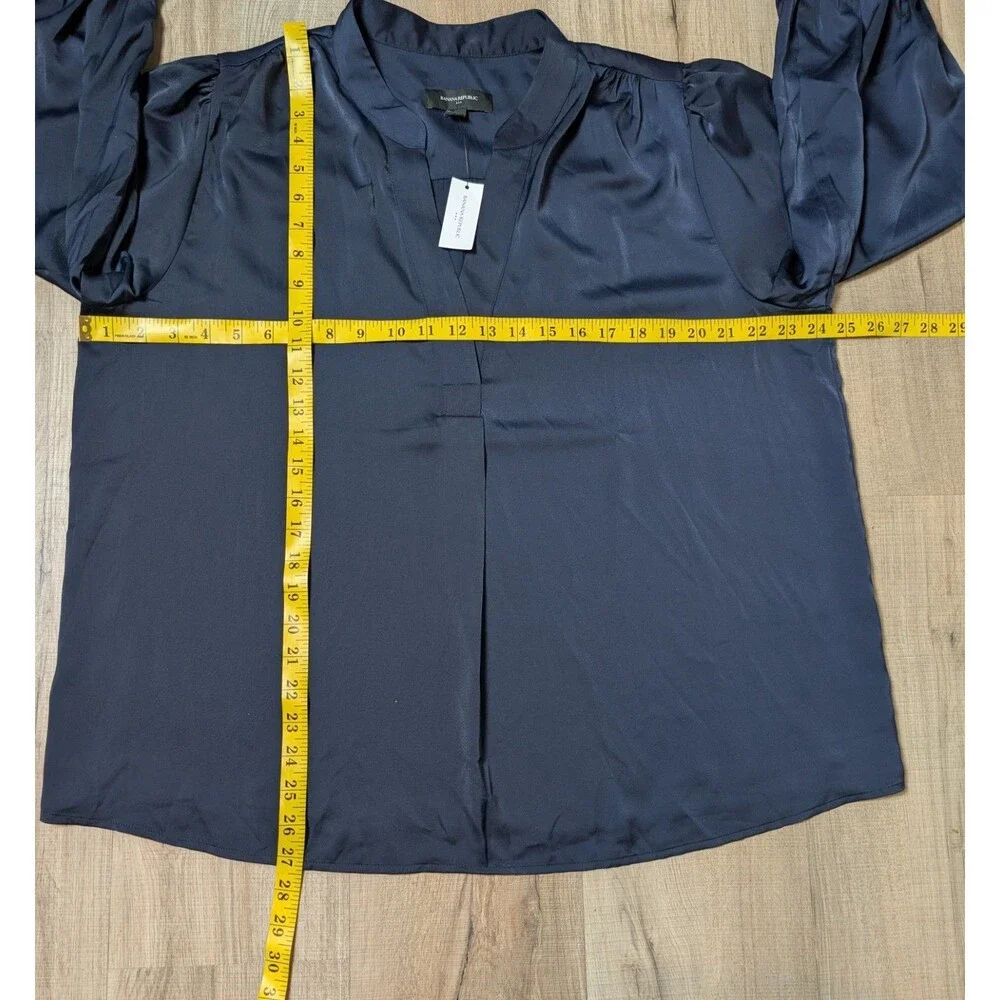 NWT Banana Republic Size XL Blouse Blue Satin Puff Volume Sleeve V-Neck Luxe $70
