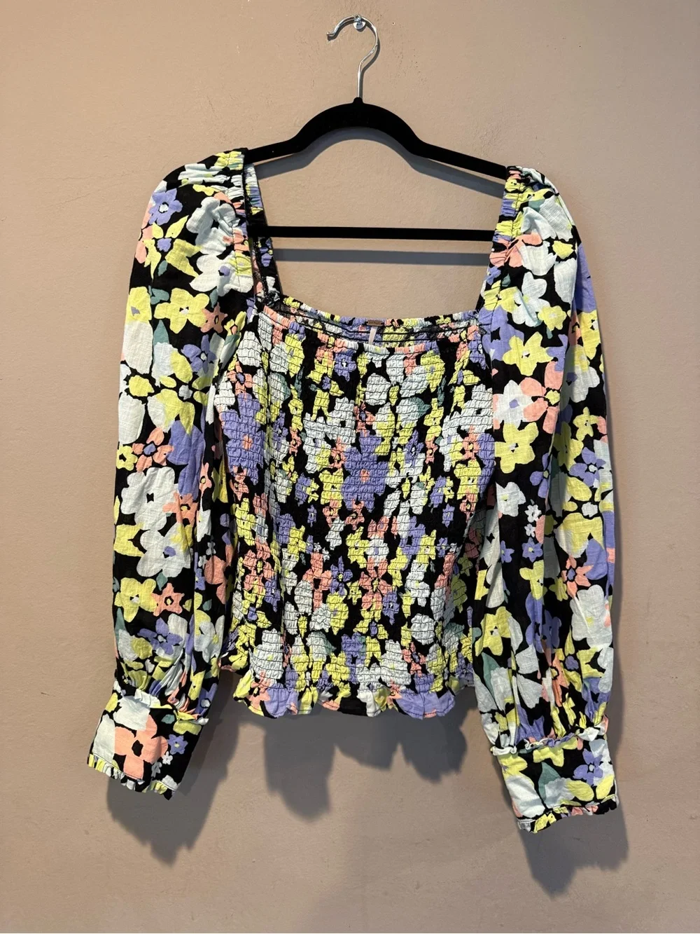 Free People Black Floral Smocked Square-Neck Top
