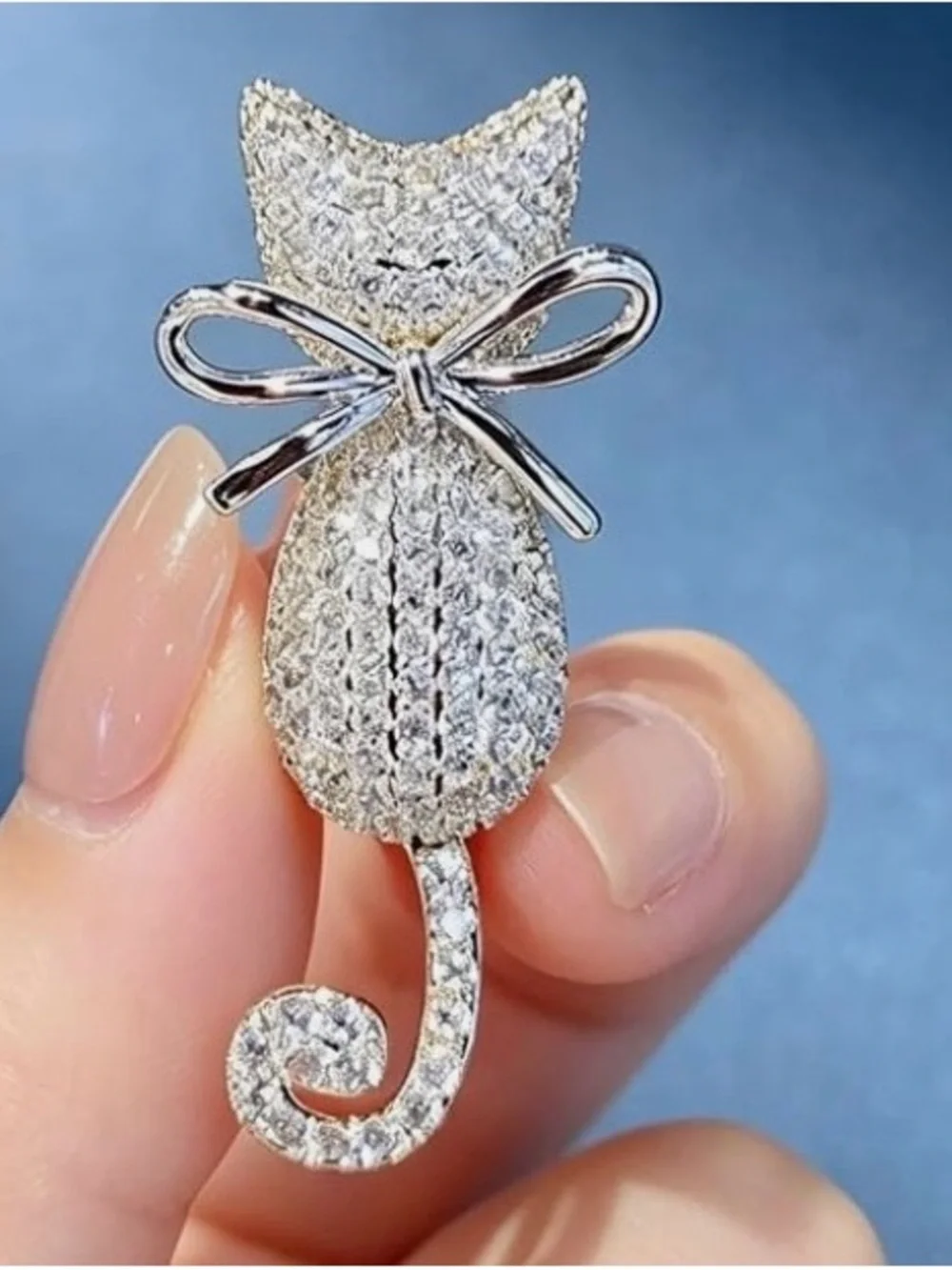 Silver Crystal Cat Brooch with Bow - Elegant Cat Pin