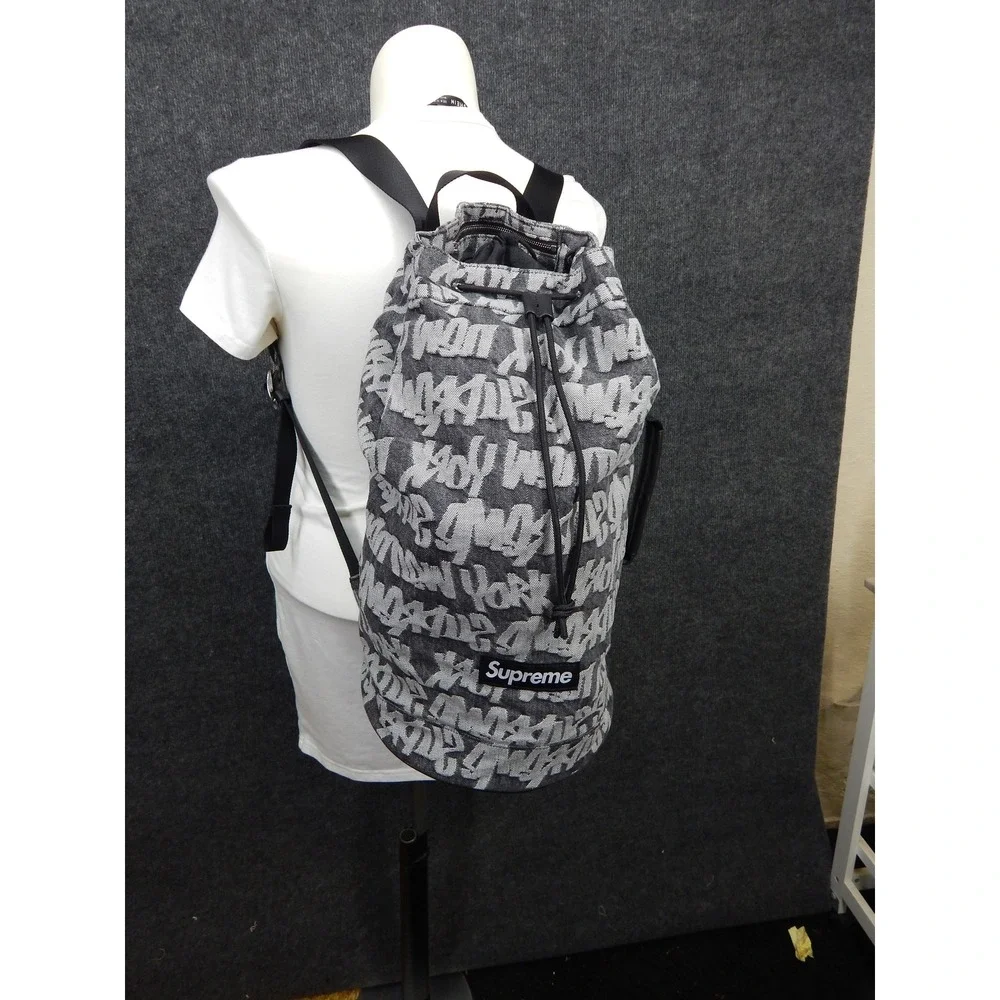 Supreme Fat Tip Jacquard Denim Backpack Black White Graffiti Logo Bag