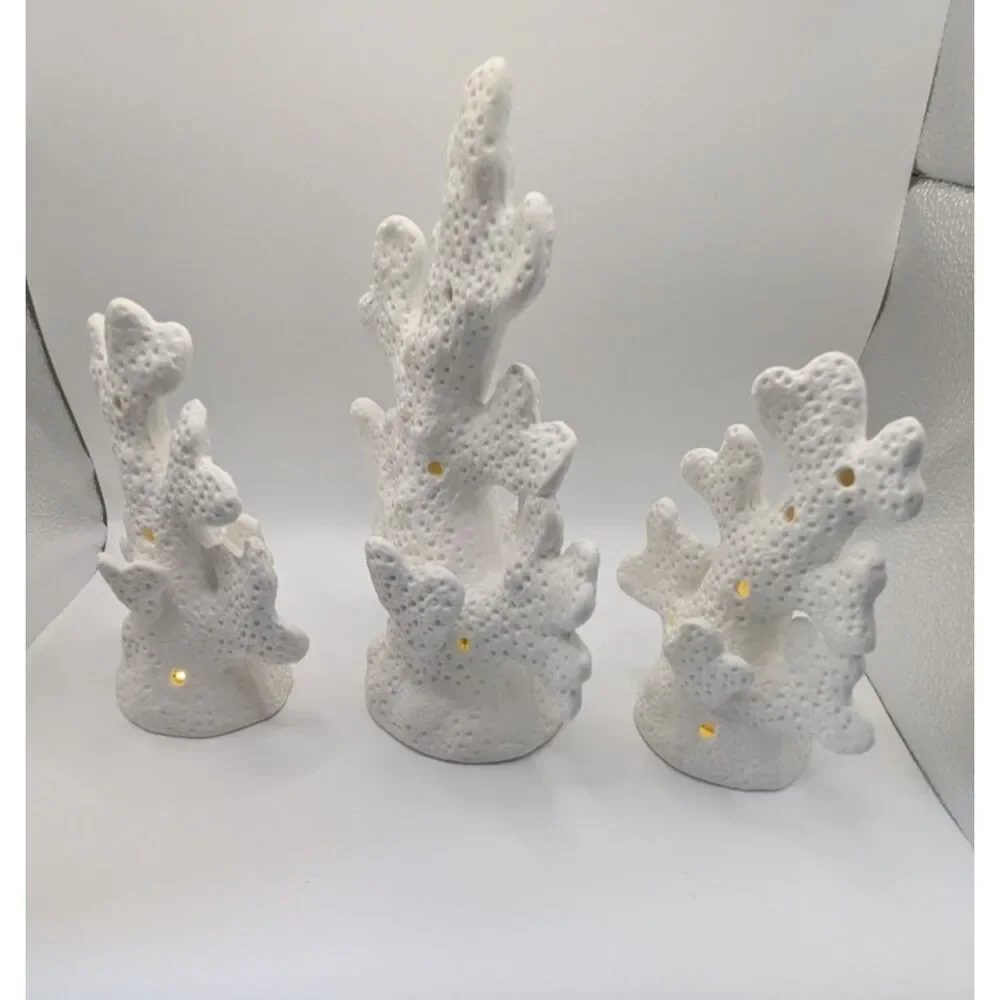 Valerie Parr Hill 3pc Illuminated Porcelain Coral Set White Coastal Decor NOB
