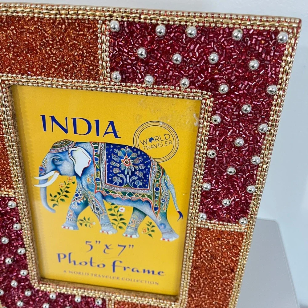 World Traveler Beaded Photo Frame Home Decor 5x7 Red Orange Mosaic India Studded